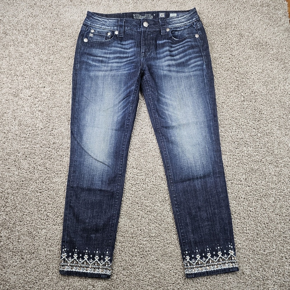 Miss Me Denim Ankle Skinny Jeans Embellished Hem Womens Size 30 Mid Rise Dark